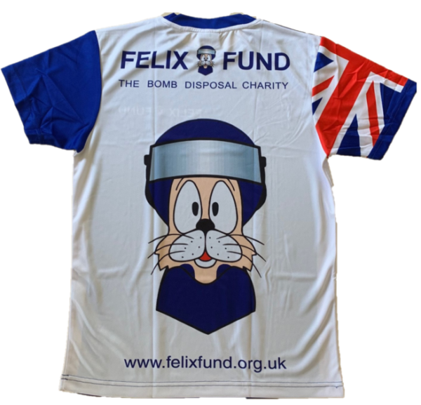 Blue Felix Fund branded T-shirt short sleeves (back view)